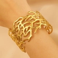 Golden open cuff bracelet with coral branch texture and matte artistic finish - Coral Branch Hollow (WG1-0288)