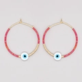 Bohemian beaded hoop earrings with pink beads and evil eye charm in golden finish - Evil Eye Pink (MI-E220219B)