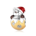 S925 sterling silver Christmas bear charm with red hat and golden snowflake shell - 925 Sterling Silver / Christmas Bear (PC1740)