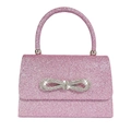 Pink glitter evening bag with sparkling rhinestone bow and circular handle - Pink