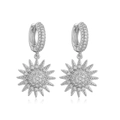 Detail view of silver sunflower earrings with sparkling cubic zirconia on white background - White Gold Sunflower Earrings (1 Pair)