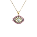 Goldene Halskette mit bösem Auge Anhänger, bunten Zirkonia und Emaille auf weißem Grund - Emaille-Auge Mit Rosa Steinen