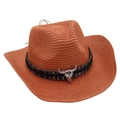 Detail of western straw cowboy hat featuring ethnic band and silver bull skull ornament - Caramel color