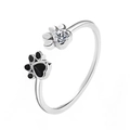 Cute adjustable cat paw ring with heart cubic zirconia and black enamel detailing - Adjustable Open / White Gold