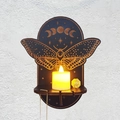 Bohemian wood crystal display shelf with butterfly moon phase engravings and candle - Moth
