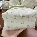 Floral corduroy cosmetic bag in beige with purple flowers and 3D white rose detail - Purple Flower
