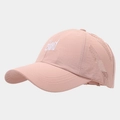 Detail of pink quick-dry baseball cap featuring island embroidery and laser-cut side vents - Adjustable / Pink