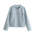 Chaqueta corta azul claro con cuello redondo y botones dorados elegantes - S / Azul claro