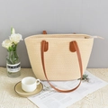 Cream woven straw tote bag featuring dark brown leather handles and zipper closure - Zipper Style / Off White