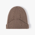 Distressed dark coffee knit beanie featuring frayed holes and a retro ribbed design - One Size / Dark Khaki (22B046)
