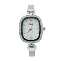 Women's quartz watch with marble dial, crystal bezel, and silver metal mesh strap - White