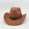 Detail of western cowboy hat featuring brown leather band with bronze bull head ornament - One Size / Khaki
