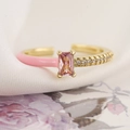 Macro shot of 18K gold plated ring with pink zircon and enamel drip oil craft detail - Adjustable Open / Pink