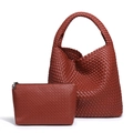 Deep brick red hand-woven large tote bag and matching clutch set in leather - Rust red