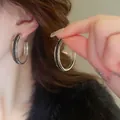 Silver geometric hoop earrings with black textured inlay for a minimalist modern look - Silver Black Two-tone Large C-shape (73#)