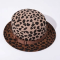 Chic leopard print wool felt flat top hat with a brown ribbon bow for autumn and winter - Adjustable (Size M) / Camel Leopard Gradient