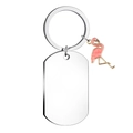 Macro view of polished stainless steel tag with pink flamingo charm on a keychain - Flamingo Charm