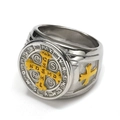 Men's St. Benedict medal ring in silver and gold tone stainless steel cross design - US 7 / Gold & Silver