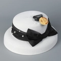 Detailed view of woven straw hat featuring black organza ribbon and pearl embellishments - M (56-58cm) / White