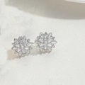 Silver flower stud earrings featuring multi-layered zircon stones in a full-diamond design - Full Zirconia Flower / Silver