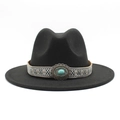 Classic black wool fedora hat for women with ethnic turquoise woven band and wide brim - M (56-58cm) / Black