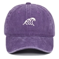 Close-up of vintage purple washed baseball cap with white wave embroidery detail - One Size / Purple
