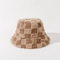 Detailed view of the thick plush checkerboard bucket hat in khaki and dark brown fur - One Size / Khaki