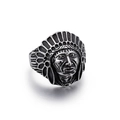 Retro stainless steel Indian chief ring with vintage silver finish and feather crown details - US 6 / Indian Chief Portrait (KR44869-K)