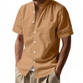 Close-up of mustard cotton linen shirt featuring a mandarin collar and chest pocket - Brown