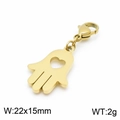 Colgante mano de Fátima dorado con corazón calado, mide 22x15mm y pesa 2g sobre blanco - Corazón Hueco Dorado (KLJ6994-Z)