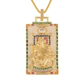 Detail of golden tarot card pendant showing The Emperor relief with colorful crystals - The Emperor (With Chain)