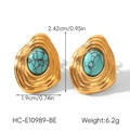 Detail view of irregular gold earrings with turquoise stones and dimension markings - Gold Turquoise Gemstone Earrings (HC-E10989-BE)