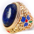 Vintage gold ring with lapis lazuli stone and colorful floral enamel filigree details - Adjustable Open / Gold Enamel Cloisonne Lapis Lazuli
