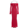 Elegant deep red lace off-shoulder maxi dress with long flare sleeves and slim fit - S / Red with Lining and Trailer