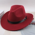 Classic red wide-brim wool felt jazz hat with a black leather band and metal buckle - Flat Brim With Regular Leather Belt / Burgundy