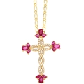 Golden cross necklace with colorful zircon pendant on Figaro chain for women - Rose Red