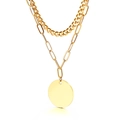 Double layered gold stainless steel necklace with round disc pendant and curb chain style - Gold