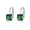 Macro view of silver hook earrings with emerald-cut green gemstones and silver metal finish - Green (Square)