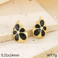 Gold-tone teardrop earrings with black enamel flower and small white crystal inlay - Style I Drop Enamel Flower (KE115081-K)