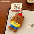 Deep brown plush bear charm in yellow shirt and blue shorts, size 7x12cm keychain - 2# Yellow T-Shirt Bear Plush Doll Keychain