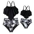 Zwarte tankini set met ruches en tropische palmbladeren print voor moeder en dochter duo outfit - Volwassene S / Zwart Wit Bladprint