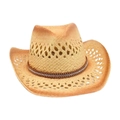 Straw cowboy hat with hollow weave and beaded brown leather band for beach travel - One Size (Approx. 56-58cm) / Khaki 1 (Rhinestone Leather Band Style)