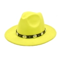 Close-up of bright yellow wool fedora featuring a black leather band with silver metal studs - M (56-58cm) / Yellow
