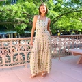 Elegant backless halter maxi dress with green palm leaf print and layered pleated skirt - S / White Green Palm
