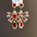 Macro shot of vintage baroque earrings with red gemstones, pearls and crystal bow details - 30# Gold-Red-Bow Pearl Water Drop (925 Sterling Silver Earring Post)