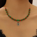 Collier de Noël avec perles rouges vertes et pendentif sapin sur chaîne dorée - Sapin de Noël Perlé Rouge-Vert (2401)