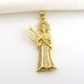 Dettaglio del ciondolo Santa Muerte dorato con micro-pavé di zirconi bianchi lucidi - 02-Oro Zirconia Bianca Santa Muerte