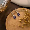 Silver calla lily drop earrings with dark blue enamel and gold pistil on wooden tray - E5855-Silver Blue Calla Lily Gold Core