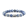 Blue marble stone bead bracelet with silver buddha head charm and star metal spacers - White Dot Blue-Buddha