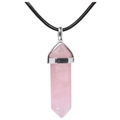 Macro detail of hexagonal rose quartz crystal pendant with silver metal bail on black cord - Pendant with Necklace / Rose Quartz